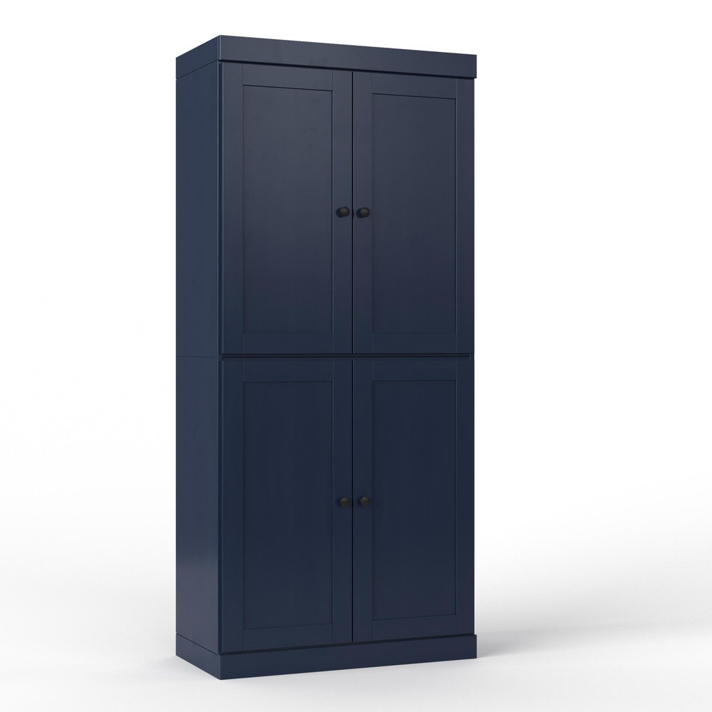 32" Navy Blue Solid Wood Free Standing Four Door Linen Cabinet