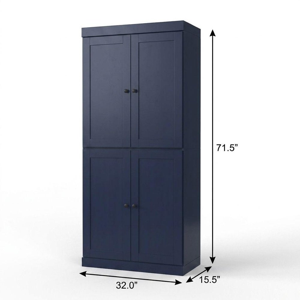 32" Navy Blue Solid Wood Free Standing Four Door Linen Cabinet