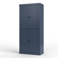 32" French Blue Solid Wood Free Standing Four Door Linen Cabinet. Bathroom storage isolated on a plain white background, showing a blue wood surface.