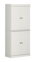 32" Off White Solid Wood Free Standing Four Door Linen Cabinet. Bathroom storage isolated on a plain white background, showing a off-white wood surface.