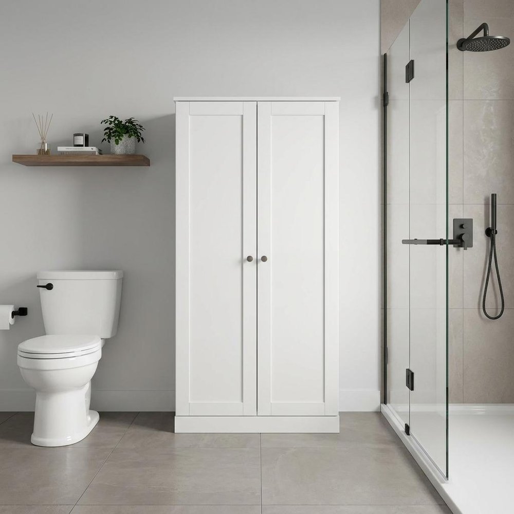 32" White Solid Wood Free Standing Double Door Linen Cabinet