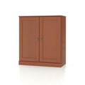 32" Coffee Solid Wood Free Standing Double Door Linen Cabinet. Bathroom storage isolated on a plain white background, finished in brown wood.