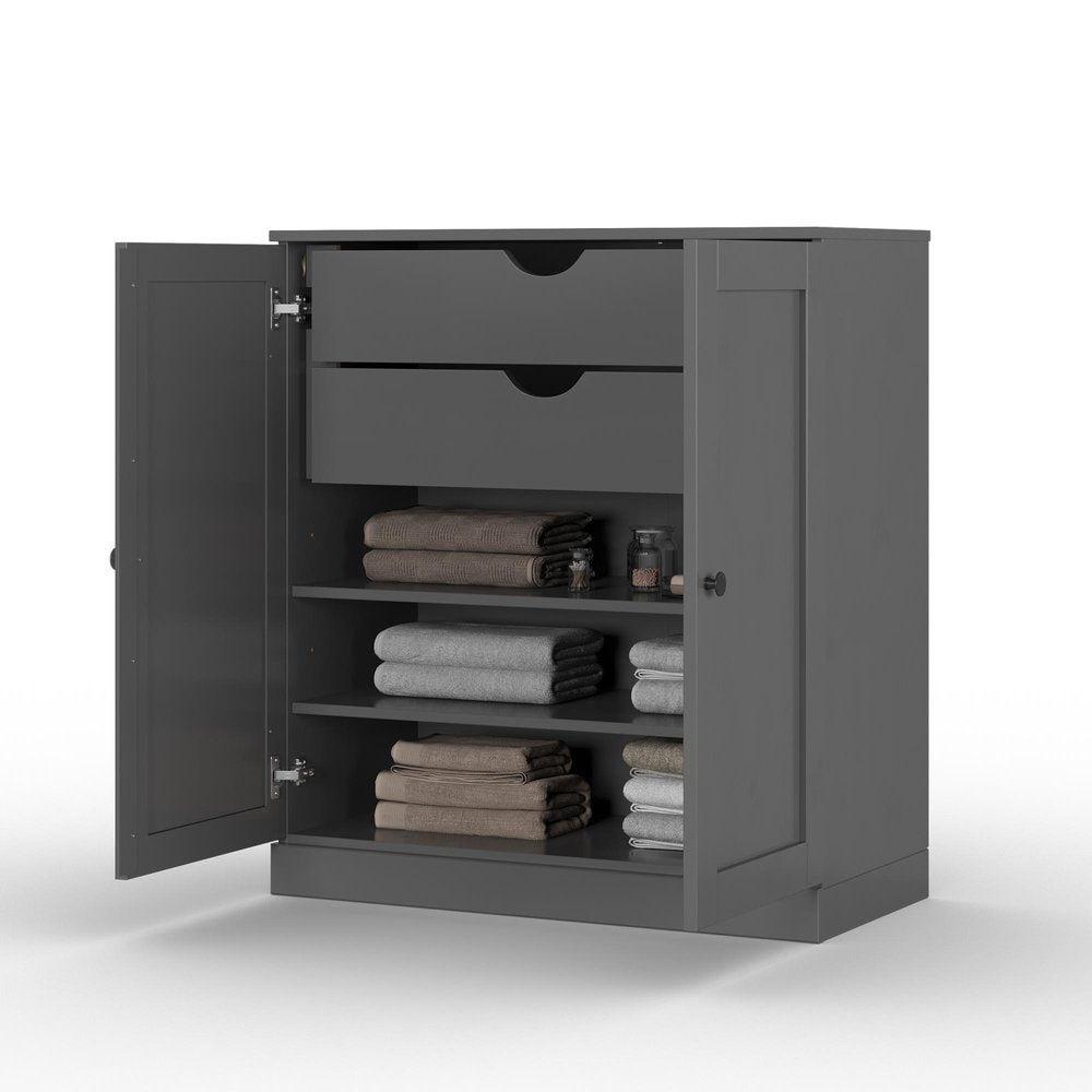 32" Gray Solid Wood Free Standing Double Door Linen Cabinet - with Two Shelves and Two Convenient Drawers