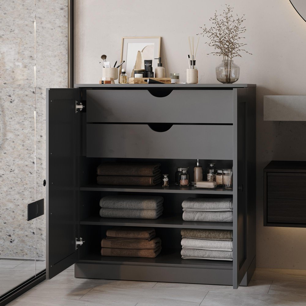 32" Gray Solid Wood Free Standing Double Door Linen Cabinet - with Two Shelves and Two Convenient Drawers