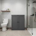 32" Gray Solid Wood Free Standing Double Door Linen Cabinet