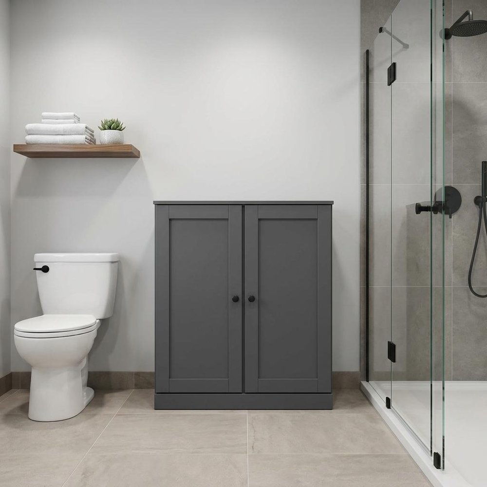 32" Gray Solid Wood Free Standing Double Door Linen Cabinet. Bathroom storage in gray wood.