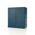 32" Teal Blue Solid Wood Free Standing Double Door Linen Cabinet. Bathroom storage isolated on a plain white background, in a teal wood finish.