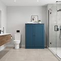 32" Teal Blue Solid Wood Free Standing Double Door Linen Cabinet