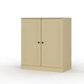 32" Yellow Solid Wood Free Standing Double Door Linen Cabinet. Bathroom storage isolated on a plain white background, finished in yellow wood.