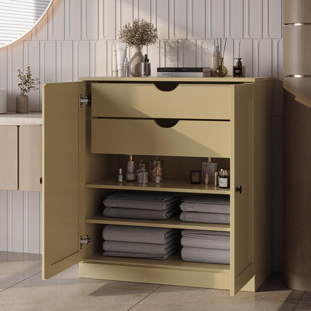 32" Yellow Solid Wood Free Standing Double Door Linen Cabinet