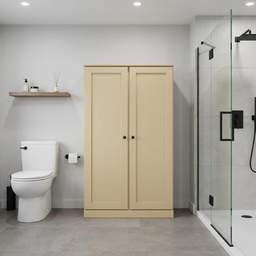 32" Yellow Solid Wood Free Standing Double Door Linen Cabinet. Bathroom storage isolated on a plain white background, showing a wood surface.