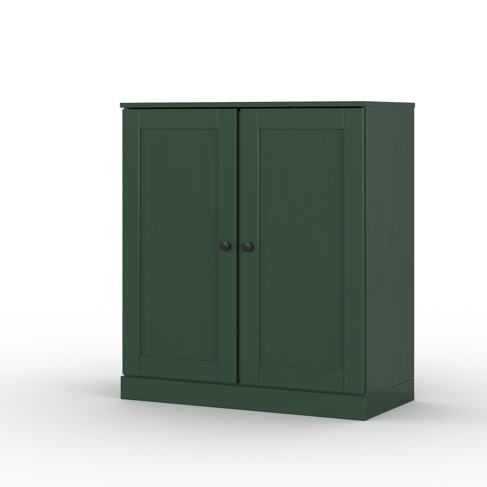Green solid wood free-standing double-door linen cabinet on a white background.