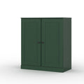 32" Green Solid Wood Free Standing Double Door Linen Cabinet. Bathroom storage isolated on a plain white background, showing a green wood surface.