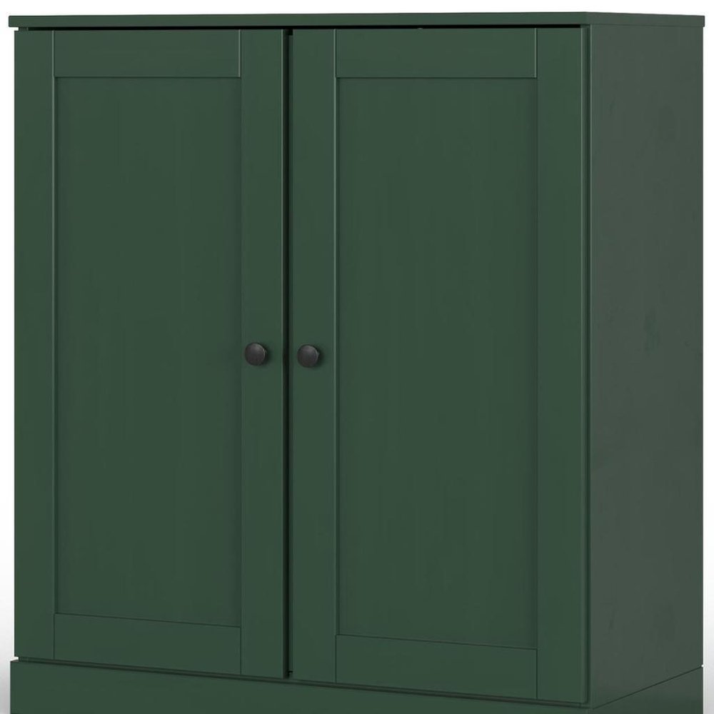 32" Green Solid Wood Free Standing Double Door Linen Cabinet - with Two Shelves