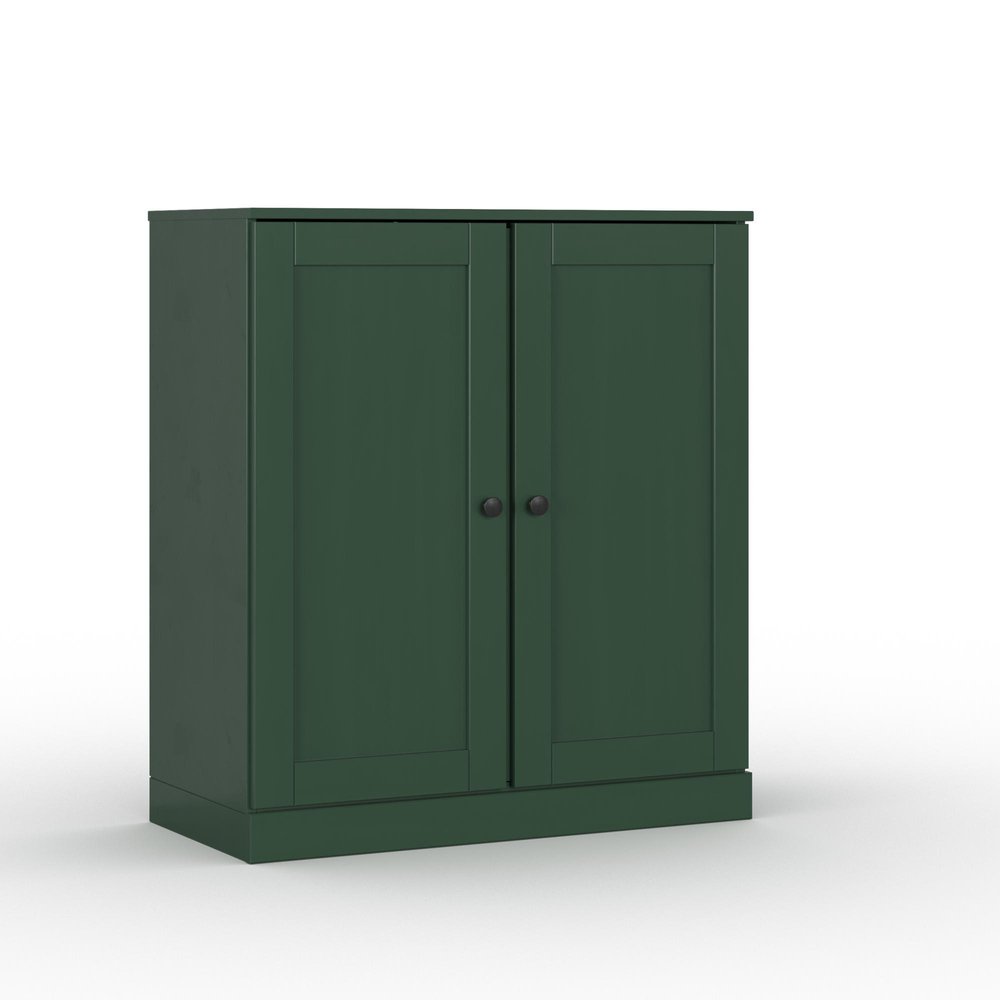 32" Green Solid Wood Free Standing Double Door Linen Cabinet - with Two Shelves