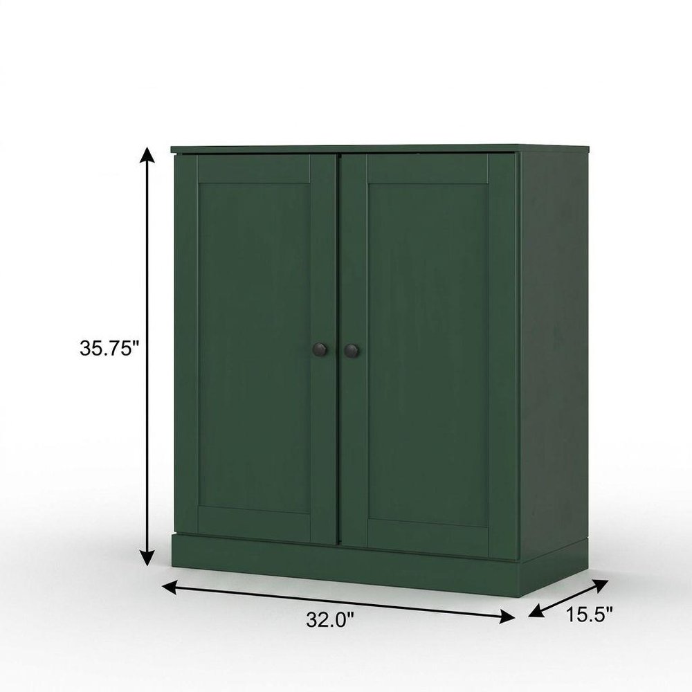 32" Green Solid Wood Free Standing Double Door Linen Cabinet - with Two Shelves