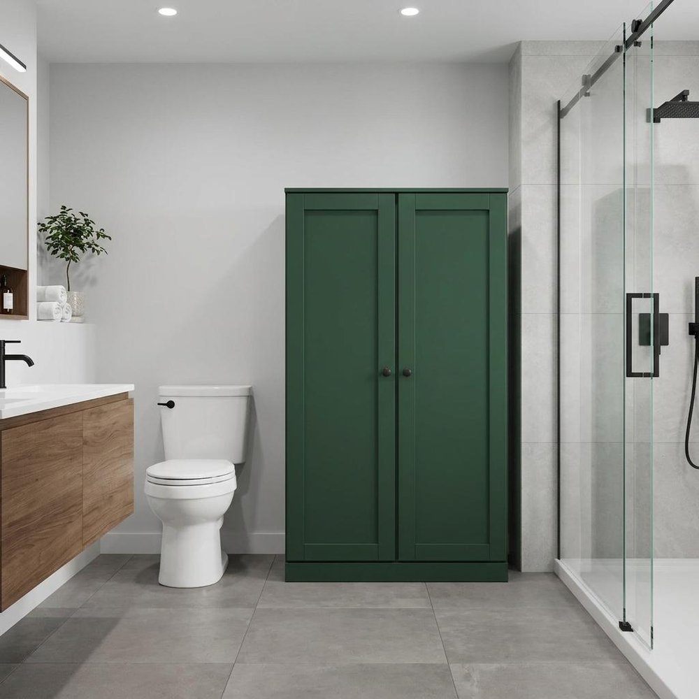 32" Green Solid Wood Free Standing Double Door Linen Cabinet - with Two Shelves
