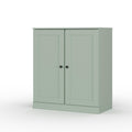 32" Sage Solid Wood Free Standing Double Door Linen Cabinet. Bathroom storage isolated on a plain white background, showing a wood surface.