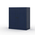 32" Navy Blue Solid Wood Free Standing Double Door Linen Cabinet. Bathroom storage isolated on a plain white background, showing a navy wood surface.