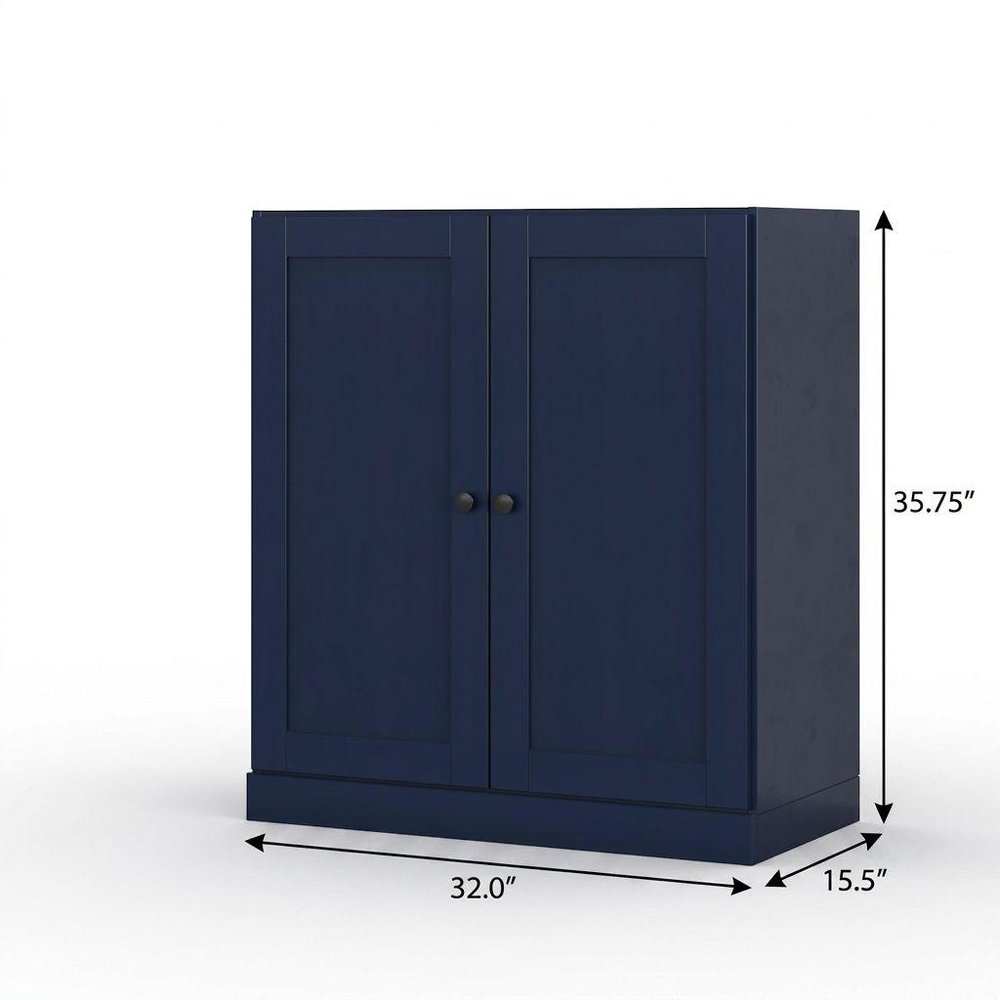 32" Navy Blue Solid Wood Free Standing Double Door Linen Cabinet