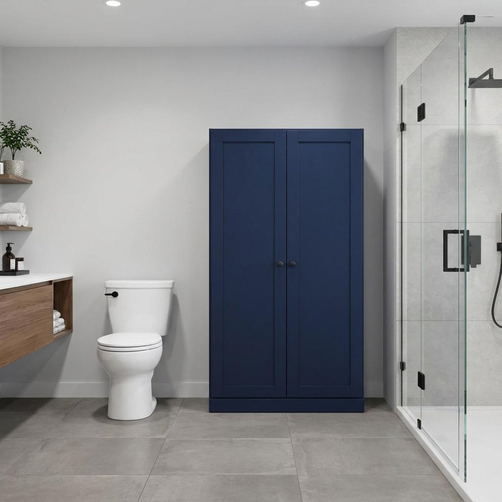 32" Navy Blue Solid Wood Free Standing Double Door Linen Cabinet