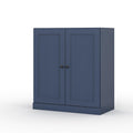 32" French Blue Solid Wood Free Standing Double Door Linen Cabinet. Bathroom storage isolated on a plain white background, in a blue wood finish.