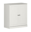 32" Off White Solid Wood Free Standing Double Door Linen Cabinet. Bathroom storage isolated on a plain white background, finished in off-white wood.