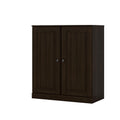 32" Espresso Solid Wood Free Standing Double Door Linen Cabinet. Bathroom storage isolated on a plain white background, finished in black wood.