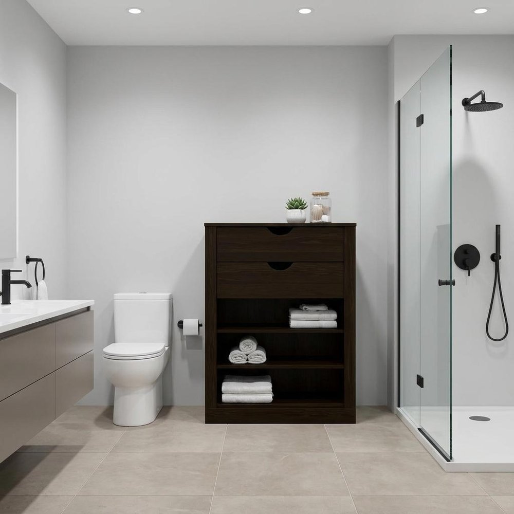 32" Espresso Solid Wood Free Standing Double Door Linen Cabinet. Bathroom storage in light gray wood.