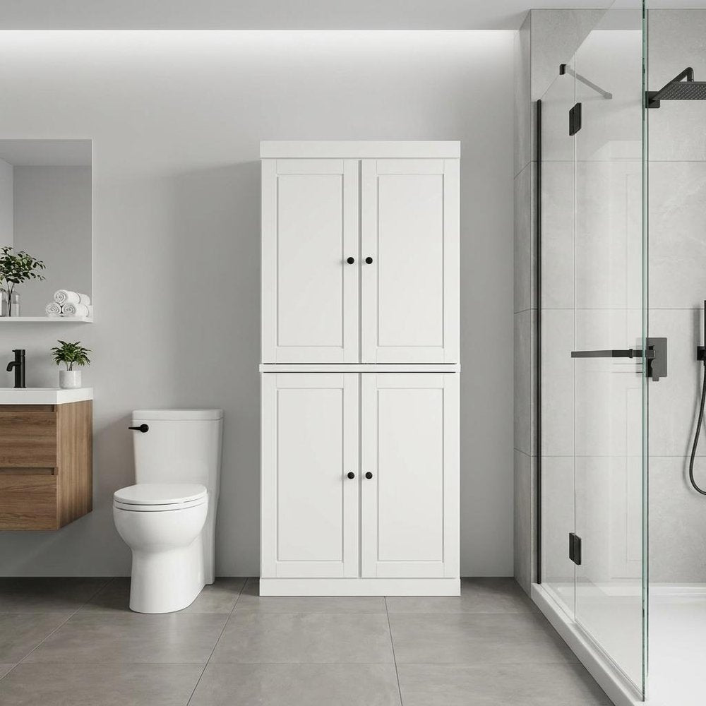 32" White Solid Wood Free Standing Four Door Linen Cabinet