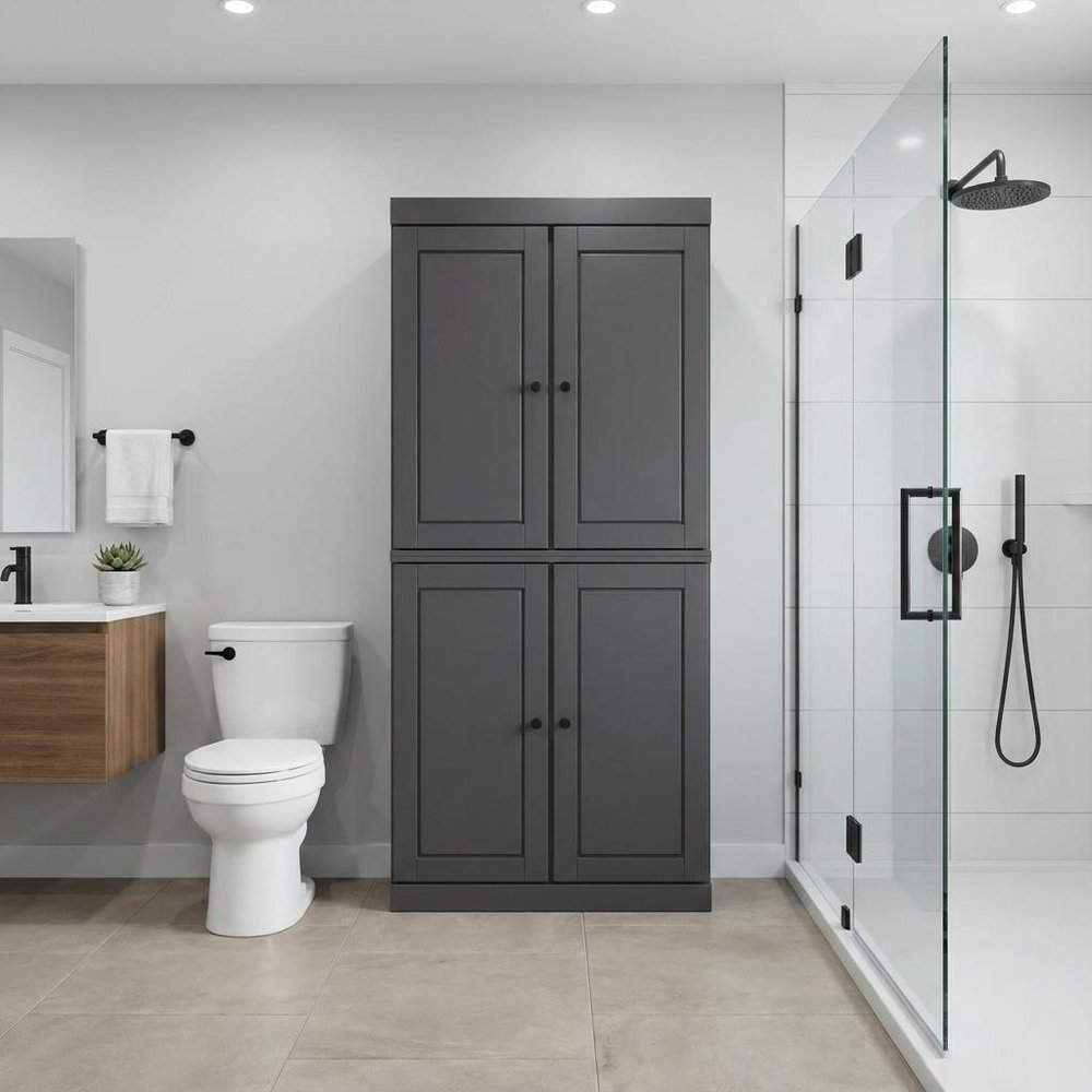 32" Gray Solid Wood Free Standing Four Door Linen Cabinet. Bathroom storage isolated on a plain white background, showing a gray wood surface.