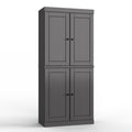 32" Gray Solid Wood Free Standing Four Door Linen Cabinet. Bathroom storage isolated on a plain white background, finished in gray wood.