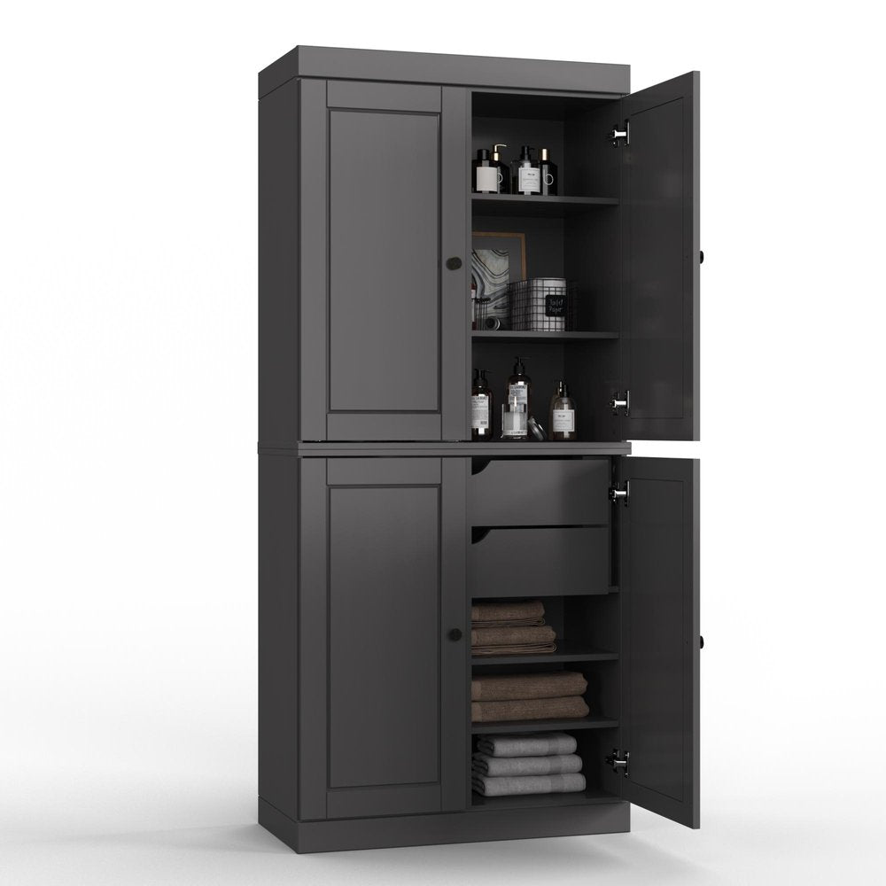 32" Gray Solid Wood Free Standing Four Door Linen Cabinet