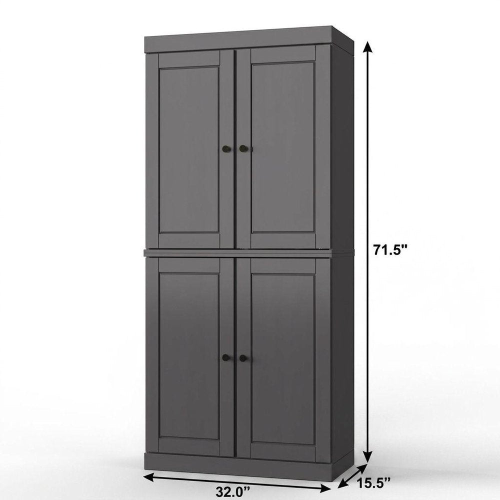 32" Gray Solid Wood Free Standing Four Door Linen Cabinet. Bathroom storage isolated on a plain white background, finished in gray wood.