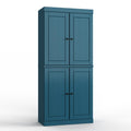 32" Teal Blue Solid Wood Free Standing Four Door Linen Cabinet. Bathroom storage isolated on a plain white background, finished in teal wood.