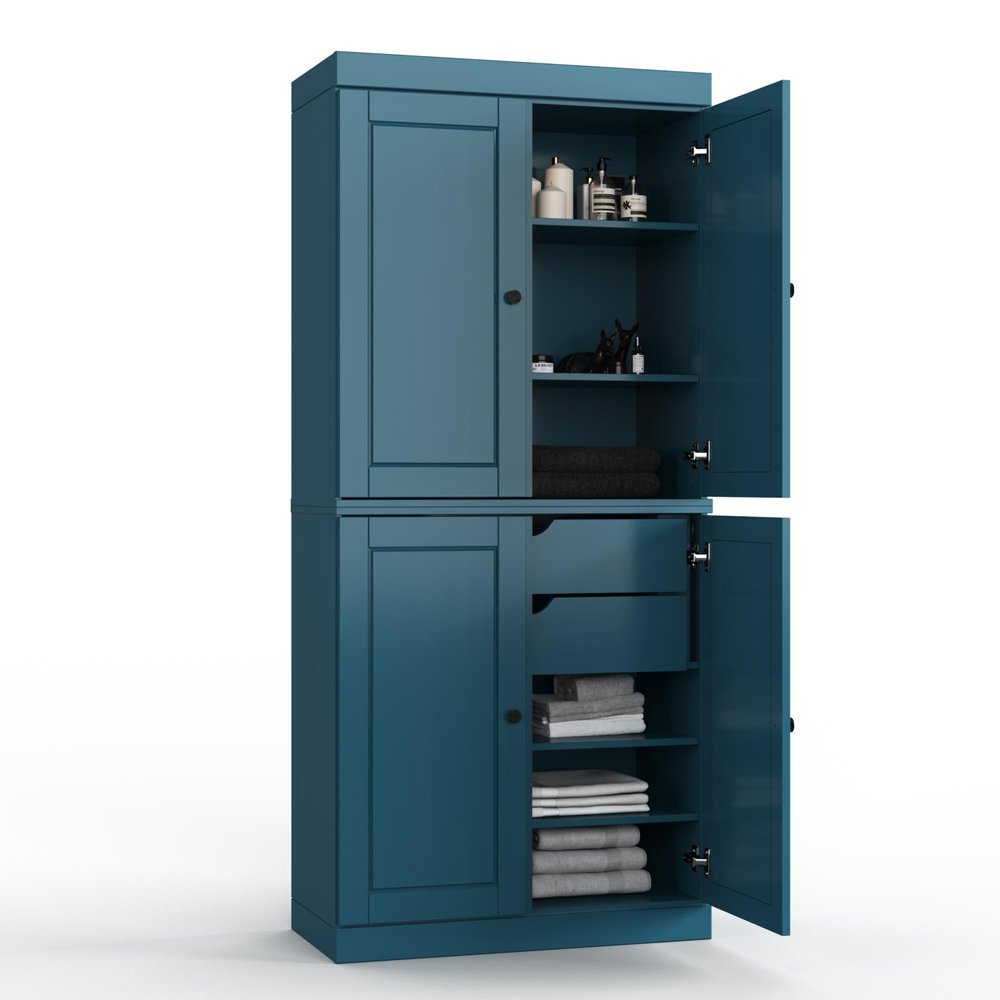32" Teal Blue Solid Wood Free Standing Four Door Linen Cabinet