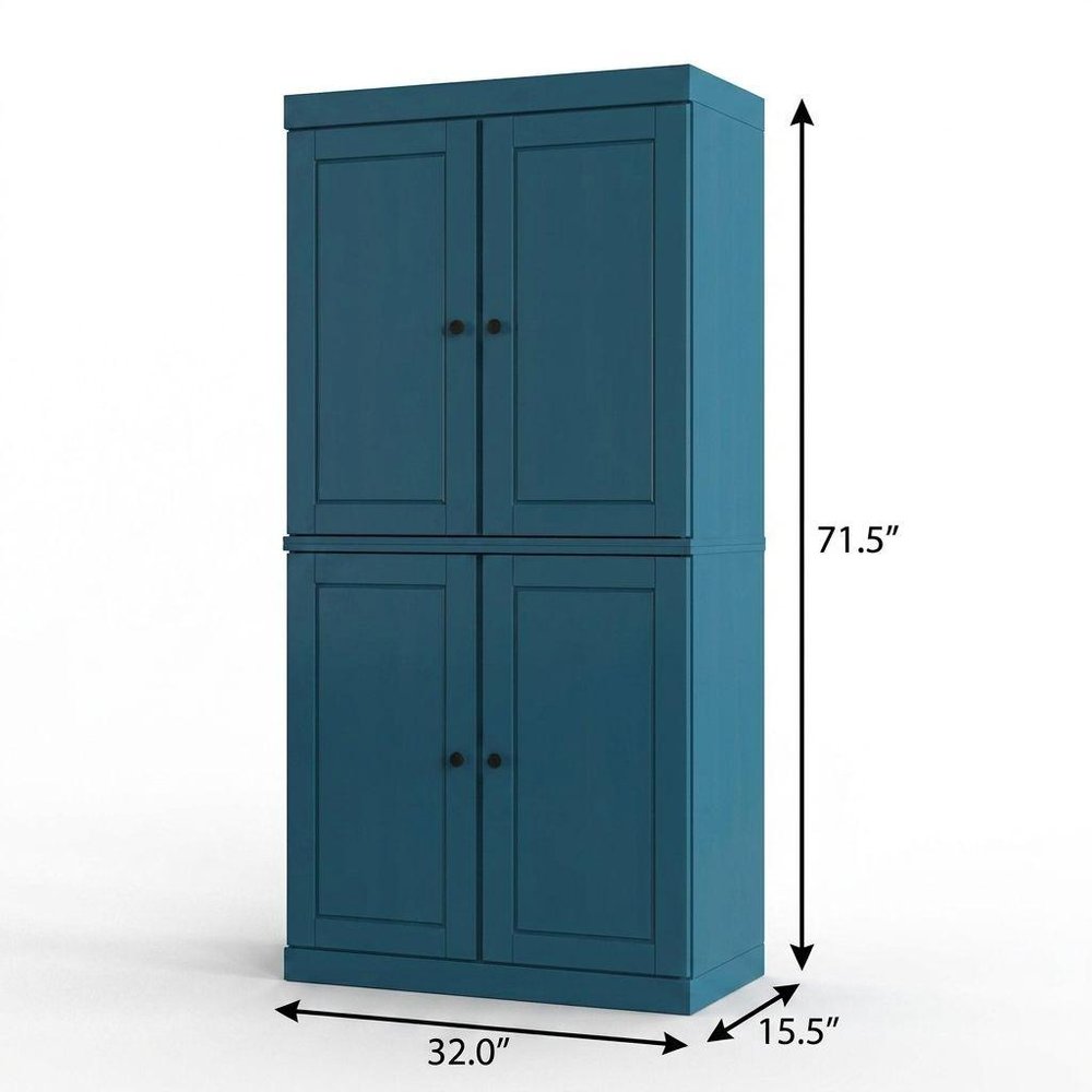 32" Teal Blue Solid Wood Free Standing Four Door Linen Cabinet