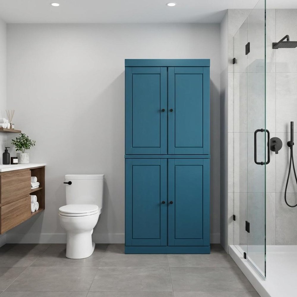 32" Teal Blue Solid Wood Free Standing Four Door Linen Cabinet