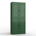 32" Green Solid Wood Free Standing Four Door Linen Cabinet. Bathroom storage isolated on a plain white background, finished in green wood.