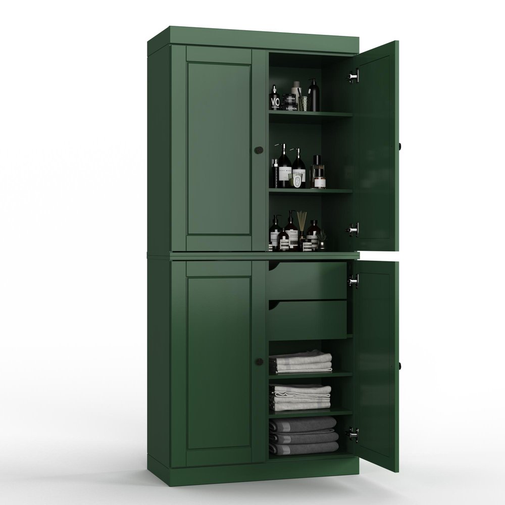 32" Green Solid Wood Free Standing Four Door Linen Cabinet - with Four Shelves and Two Convenient Drawers