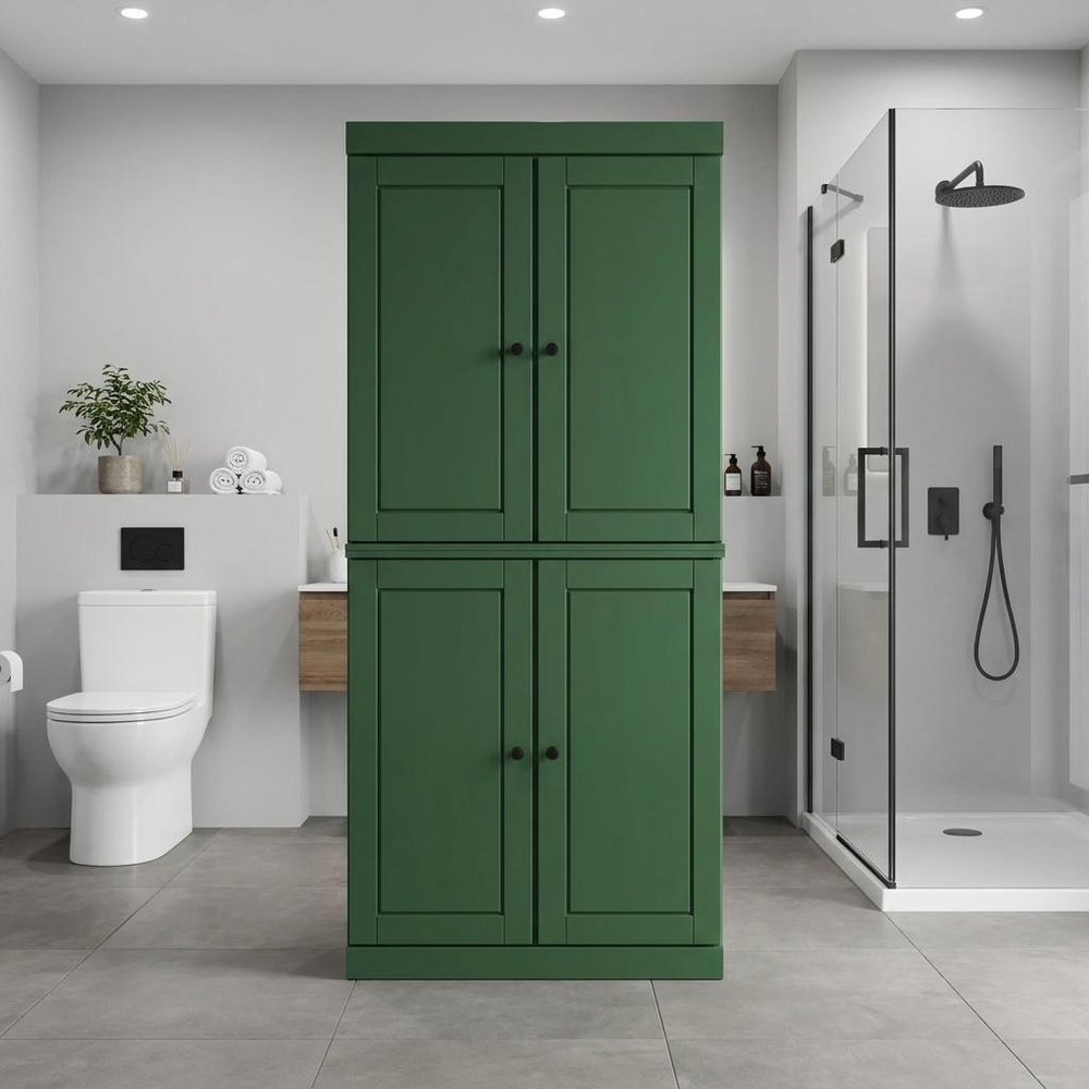 32" Green Solid Wood Free Standing Four Door Linen Cabinet. Bathroom storage isolated on a plain white background, showing a green wood surface.