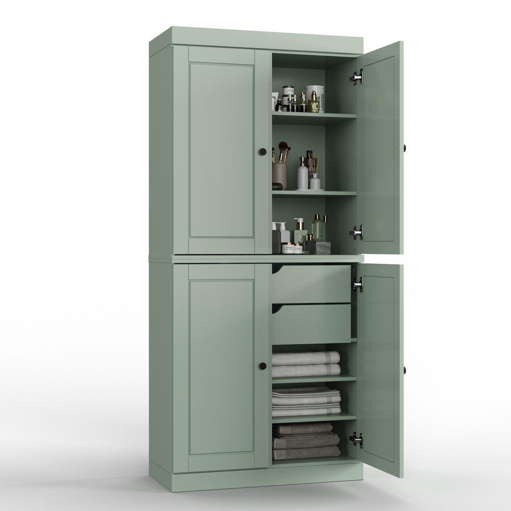 32" Sage Solid Wood Free Standing Four Door Linen Cabinet