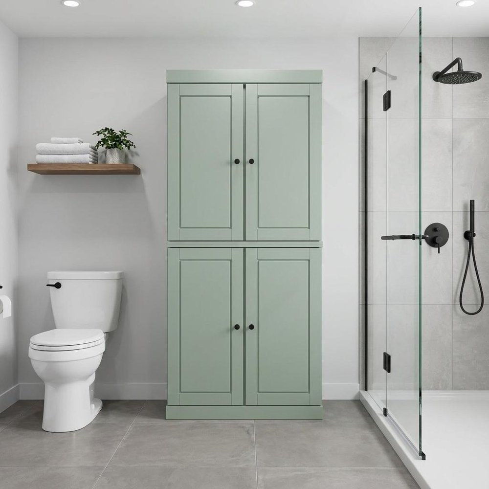 32" Sage Solid Wood Free Standing Four Door Linen Cabinet.