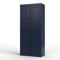 32" Navy Blue Solid Wood Free Standing Four Door Linen Cabinet. Bathroom storage isolated on a plain white background, in a navy wood finish.