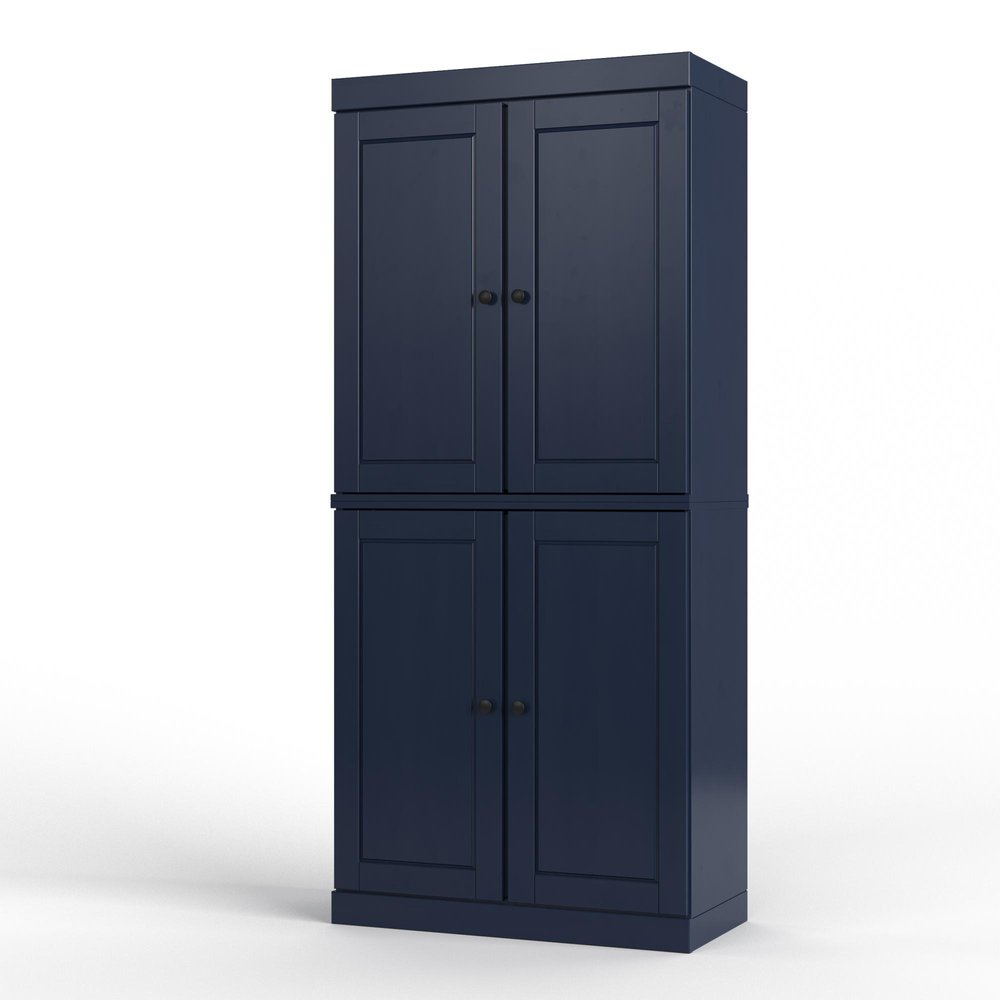 32" Navy Blue Solid Wood Free Standing Four Door Linen Cabinet