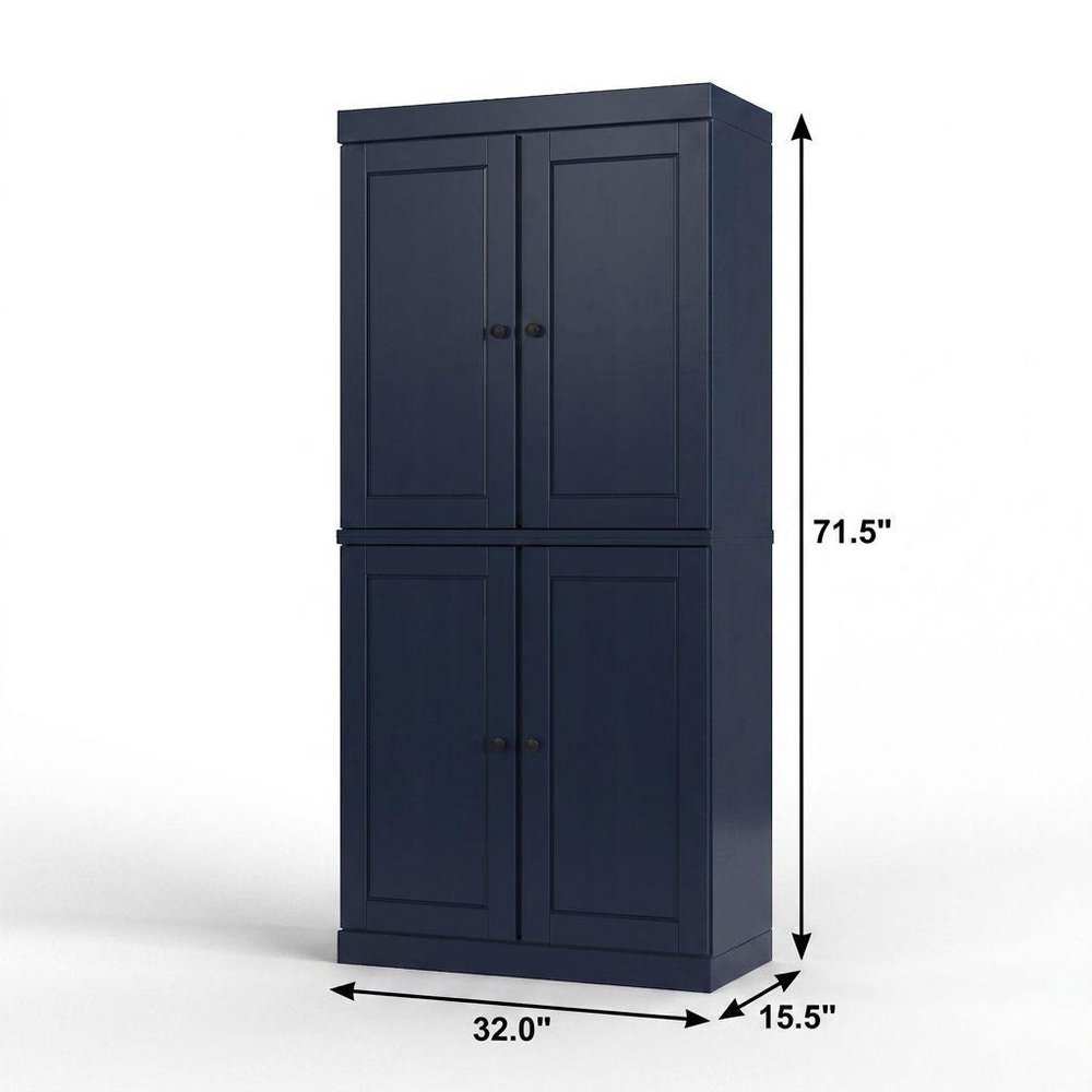 32" Navy Blue Solid Wood Free Standing Four Door Linen Cabinet