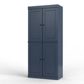 32" French Blue Solid Wood Free Standing Four Door Linen Cabinet. Bathroom storage isolated on a plain white background, in a blue wood finish.