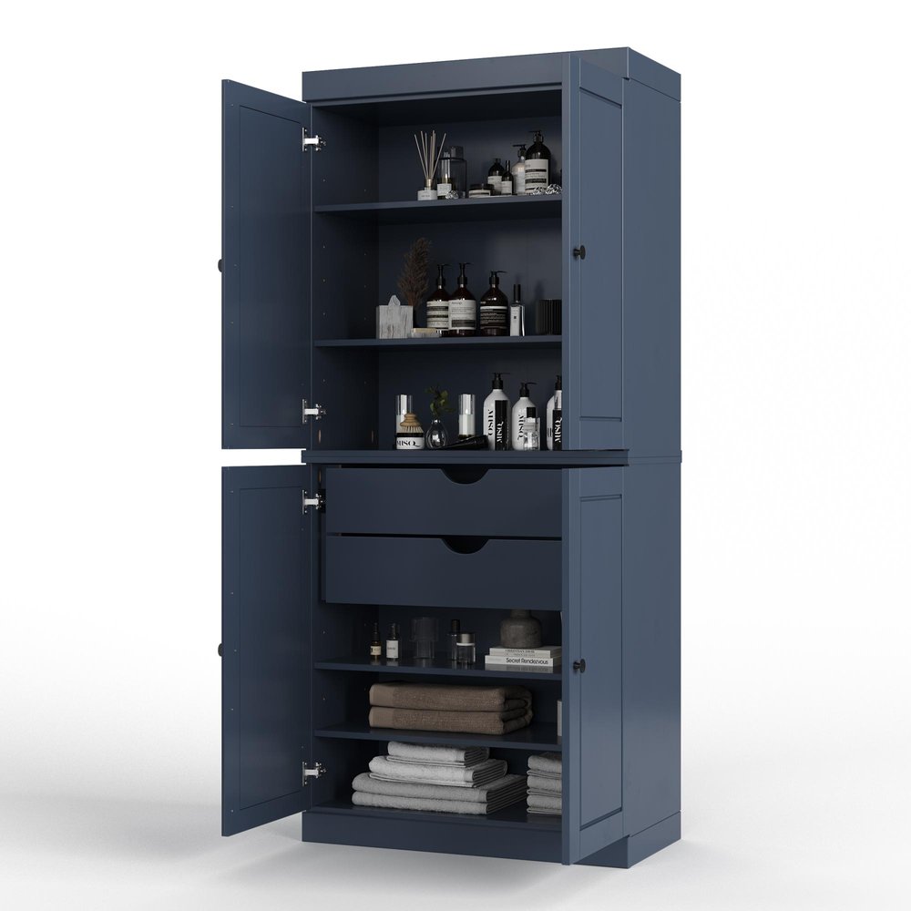 32" French Blue Solid Wood Free Standing Four Door Linen Cabinet