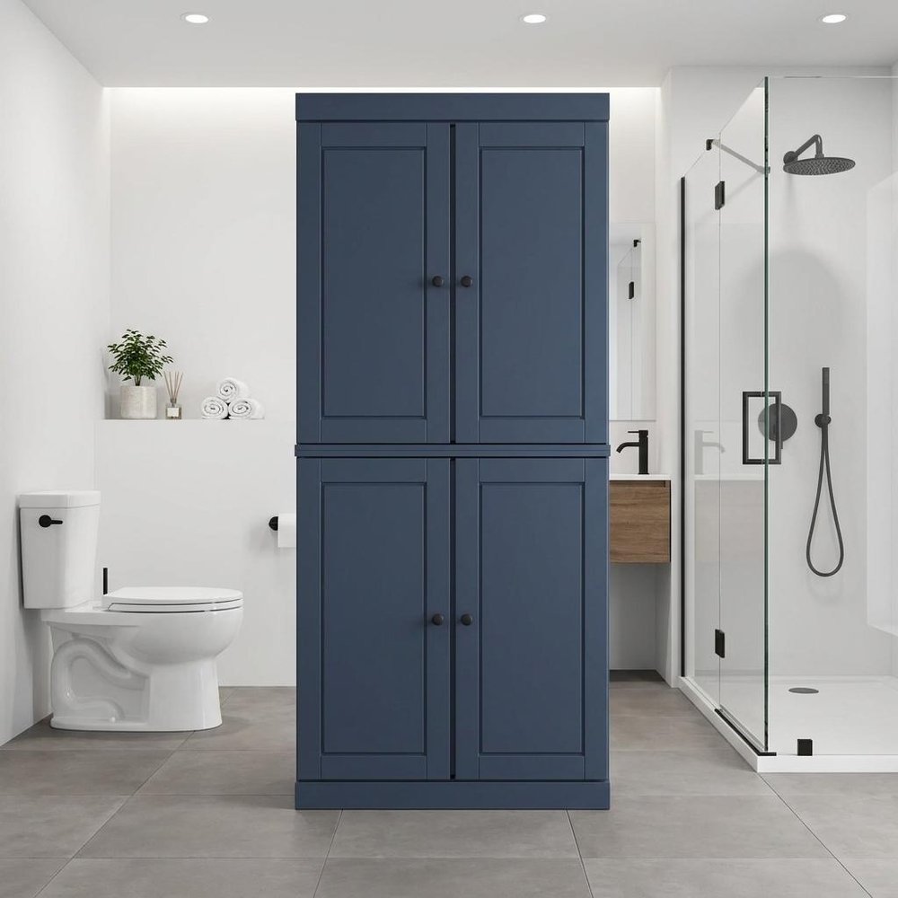 32" French Blue Solid Wood Free Standing Four Door Linen Cabinet