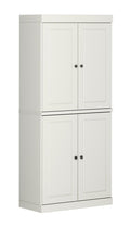 32" Off White Solid Wood Free Standing Four Door Linen Cabinet. Bathroom storage isolated on a plain white background, finished in off-white wood.